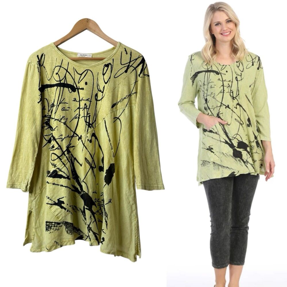 Jess & Jane Scrolls Mineral Wash Tunic Top Sz L Pocket Abstract Artsy Dopamine